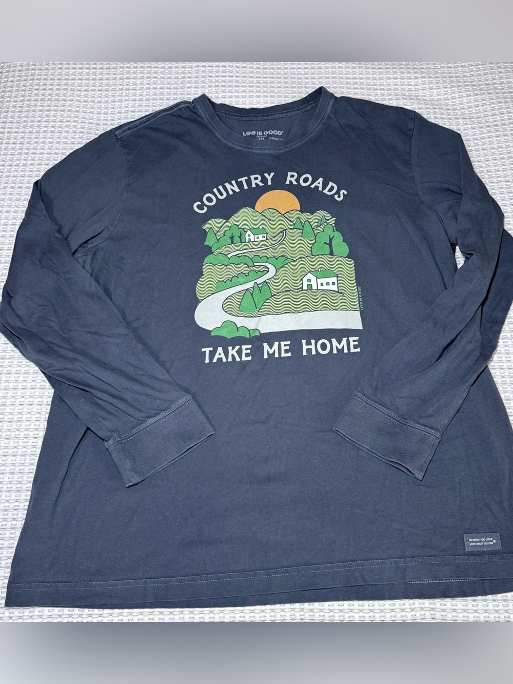 Life Is Good Crusher Mens Large Long Sleeve Blue “ Country Roads Take Me Home”